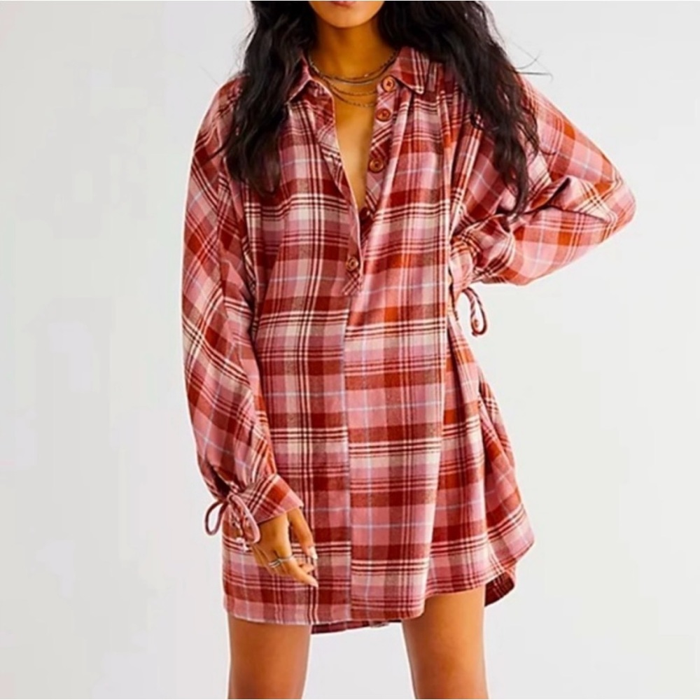 NWT FREE PEOPLE “ZOEY” PLAID LONG SLEEVE MINI DRESS/. OVERSIZED SHIRT SMALL